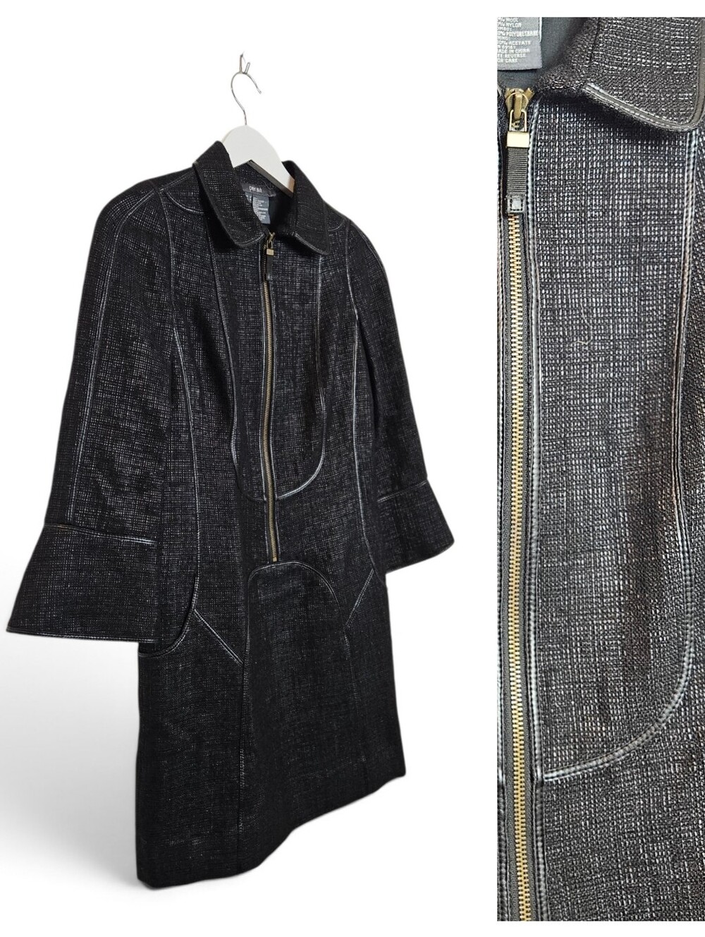 Per Se by Carlisle Dress 2 Tweed Woolen Zip Front Bell Sleeve Pockets Black Gold